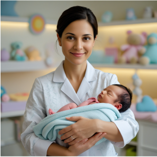 A nurse holding a newborn baby