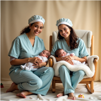 Two newborn care specialists holding two newborn babies