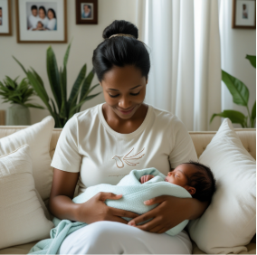 A black mother holding her Newborn baby while sitting on a couch