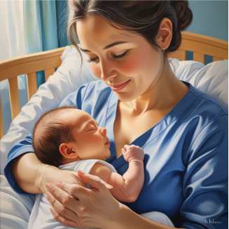 A white mother holding her baby in a hospital room